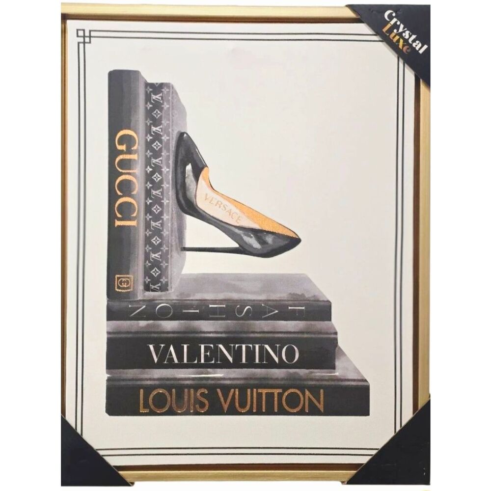 Crystal Luxe Versace High Heel Pump Fashion Bookstack Framed Wall Decor